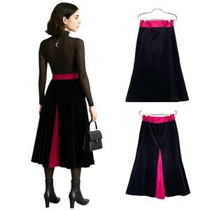 Black Velvet Midi Skirt Fuchsia Satin Waist Back Pleat Witchy Chic 10 Event Gala
